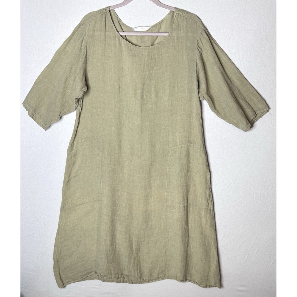 Luna Luz 100% Linen Gauze Dress Sz L Green Lagenlook‎ Pockets Boho Art Artsy